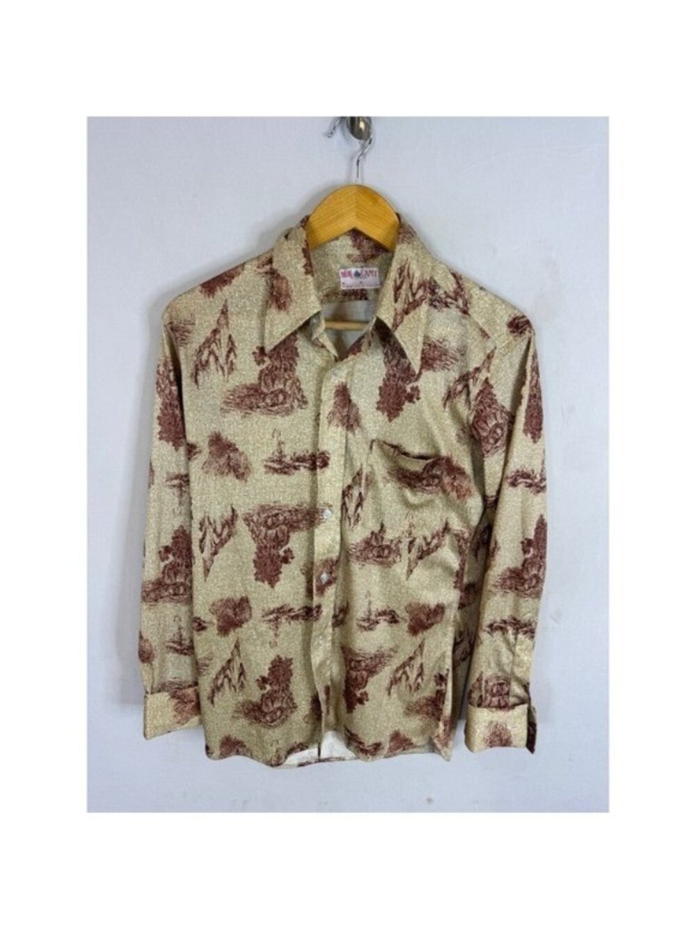 Vintage 70s Camy Scenic Landscape Disco Button Down Shirt Tan Burgundy Sleeve S